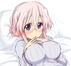 Rule 34 | 00s, 1girl, bad id, bad pixiv id, blush, breasts, glasses, impossible clothes, impossible sweater, large breasts, lucky star, lying, on back, pillow, pink hair, purple eyes, ribbed sweater, sketch, solo, sweater, takara miyuki, take (shokumu-taiman)
