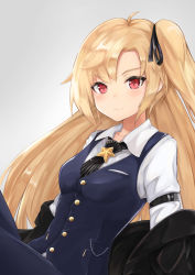 Rule 34 | 1girl, animal ears, arm strap, asymmetrical bangs, azur lane, black jacket, black necktie, black ribbon, blonde hair, blue pants, blue vest, blush, breast pocket, cleveland (azur lane), cleveland (gentry knight) (azur lane), closed mouth, collared shirt, commentary, hair ribbon, highres, jacket, knees up, long hair, long sleeves, looking at viewer, necktie, off shoulder, one side up, open clothes, open jacket, pants, pocket, red eyes, ribbon, ryara, shirt, sitting, smile, solo, star (symbol), striped clothes, striped necktie, striped neckwear, vertical-striped clothes, vertical-striped necktie, very long hair, vest, white shirt, wing collar