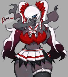 Rule 34 | asymmetrical legwear, belt, black hair, black skin, blue eyes, blue sclera, breasts, choker, cleavage, colored sclera, colored skin, creatures (company), crop top, darkrai, frown, game freak, gen 4 pokemon, highres, large breasts, legendary pokemon, long hair, middle finger, midriff, multicolored hair, mythical pokemon, navel, nintendo, pokemon, pokemon (creature), red hair, ribbon, skirt, thick thighs, thighhighs, thighs, togetoge, twintails, white hair, wide hips, zettai ryouiki