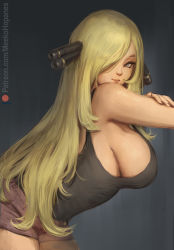 Rule 34 | 1girl, absurdres, bare shoulders, black background, black tank top, blonde hair, breasts, closed mouth, creatures (company), cynthia (pokemon), from side, game freak, grey eyes, hair ornament, hair over one eye, highres, large breasts, lips, long hair, looking at viewer, meekohopanes, nail polish, nintendo, pokemon, pokemon dppt, short shorts, shorts, sideboob, solo, tank top, upper body