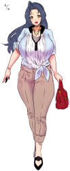 Rule 34 | 1girl, bag, blue hair, breasts, female focus, huge breasts, idolmaster, idolmaster (classic), long hair, long image, miura azusa, open mouth, pants, red eyes, shirt, shoes, simple background, solo, tall image, walking, white background, yokkora