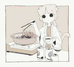 Rule 34 | :3, animal ear fluff, animal ears, black eyes, bowl, can, cat ears, cat girl, cat tail, chopsticks, collarbone, crab leg, dot nose, fish (food), food, greyscale, highres, holding, holding bowl, holding chopsticks, hotpot, monochrome, mushroom, new amool, original, parted bangs, rice, rice bowl, robe, tail, tail wagging, twintails, white hair, white robe