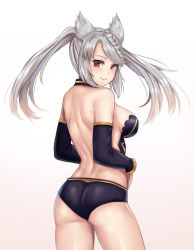 Rule 34 | 1girl, animal ears, ass, bare back, braid, braided bangs, breasts, dimples of venus, erune, fraux, granblue fantasy, long hair, looking at viewer, looking back, medium breasts, red eyes, short shorts, shorts, shoulder blades, sideboob, silver hair, simple background, smile, solo, standing, stmoon, swept bangs, white background