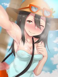 Rule 34 | 1girl, armpits, bad id, bad pixiv id, bare shoulders, black hair, blurry, blush, breasts, brown eyes, censored, cleavage, covered erect nipples, creatures (company), cum, cum on body, cum string, depth of field, game freak, hair between eyes, highres, long hair, looking at viewer, nintendo, npc trainer, one eye closed, outstretched arm, penis, pokemon, pokemon sm, selfie, shinkuso-kun, sightseer (pokemon), smile, solo focus, sunglasses