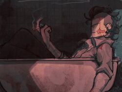 Rule 34 | 1boy, bathtub, black hair, blood, blood on clothes, blood on face, blood on wall, cigarette, closed mouth, collared shirt, cross scar, doc (madness combat), expressionless, facial scar, from side, holding, holding cigarette, indoors, madness combat, male focus, mohawk, oooooflag, popped collar, scar, scar on arm, scar on cheek, scar on face, shirt, short hair, sitting, sleeves rolled up, smoke, solo