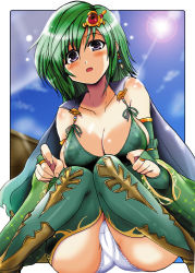 Rule 34 | 1990s (style), 1girl, blush, breasts, cameltoe, cape, cleavage, detached sleeves, final fantasy, final fantasy iv, green hair, large breasts, outdoors, panties, purple eyes, rydia (ff4), sky, solo, thighhighs, underwear, yasakani an
