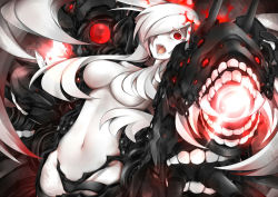 Rule 34 | 10s, 1girl, abyssal ship, breasts, hair over one eye, kantai collection, large breasts, long hair, mymei, open mouth, pale skin, red eyes, solo, southern ocean war princess, twintails, white hair