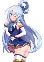 Rule 34 | 1girl, ;q, aqua (konosuba), ass, blue eyes, blue footwear, blue hair, blue skirt, blue vest, blush, boots, clothes lift, cowboy shot, detached sleeves, finger to mouth, floating hair, from side, hair ornament, highres, index finger raised, kono subarashii sekai ni shukufuku wo!, layered skirt, lifted by self, long hair, long sleeves, looking at viewer, miniskirt, one eye closed, sasha chii, skirt, skirt lift, solo, standing, thigh boots, thighhighs, tongue, tongue out, twitter username, very long hair, vest, watermark, white background, white sleeves, white thighhighs
