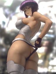 Rule 34 | 1girl, ass, backless leotard, breasts, butt crack, closed mouth, commentary, expressionless, fingerless gloves, ghost in the shell, ghost in the shell stand alone complex, gloves, highleg, infi, kusanagi motoko, large breasts, leotard, leotard pull, outdoors, purple hair, red eyes, short hair, solo, thighhighs, wedgie