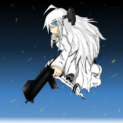 Rule 34 | 1girl, armored core, armored core: for answer, female focus, from software, gradient background, gun, long hair, lowres, mecha musume, solo, weapon, white glint, white hair