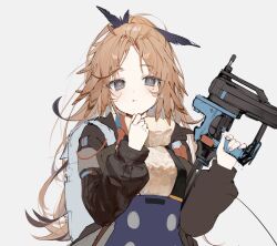 Rule 34 | 1girl, arknights, black eyes, black hair, black jacket, blush, brown hair, feather hair, feather hair ornament, feathers, grey background, hair ornament, highres, holding, holding weapon, jacket, long hair, long sleeves, looking at viewer, mole, mole under eye, multicolored hair, multicolored nails, nail gun, nail polish, parted lips, pinecone (arknights), ponytail, red pupils, simple background, solo, suashi, sweater, very long hair, weapon