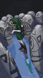 1boy belt black_background blonde_hair boots full_body gossip_stone gus_uur hat instrument link looking_to_the_side mask mask_of_truth nintendo ocarina pointy_ears reflection shield shield_on_back solo sword the_legend_of_zelda the_legend_of_zelda:_majora&#039;s_mask tunic water weapon