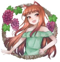 Rule 34 | 1girl, :d, animal ears, bare shoulders, brown eyes, brown hair, food, fruit, grapes, green shirt, hand on own hip, highres, holo, looking at viewer, mayumura basako, open mouth, shinsetsu spice and wolf, shirt, simple background, smile, spice and wolf, upper body, white background, wolf ears