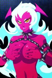 Rule 34 | 10s, 1girl, blush, breast hold, breasts, cleavage, colored skin, covering privates, demon girl, fang, female focus, green hair, halftone, halftone background, horns, large breasts, long hair, panty &amp; stocking with garterbelt, red skin, scanty (psg), solo, very long hair, yellow eyes