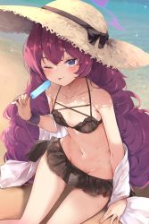 Rule 34 | 1girl, ;p, beach, bikini, black bikini, blue archive, breasts, collarbone, commentary request, food, frilled bikini, frills, halo, hat, highres, hinata yuu (atelierhinata), holding, iroha (blue archive), long hair, looking at viewer, navel, one eye closed, popsicle, purple hair, sand, sitting, small breasts, solo, straw hat, swimsuit, tongue, tongue out, yellow hat
