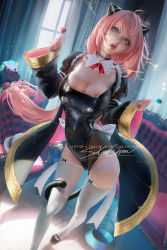 Rule 34 | 1girl, :d, adapted costume, aged up, ahoge, alternate breast size, alternate costume, anya (spy x family), arms up, banned artist, bare shoulders, bent over, black dress, black footwear, black gloves, black leotard, blood, blouse, blush, breasts, candy, cat tail, claw pose, cleavage, collared shirt, commentary, cone hair bun, cosplay, couch, director chimera (spy x family), dress, dual wielding, eden academy school uniform, flats, food, gloves, green eyes, hair bun, hair flaps, hairpods, holding, index finger raised, large breasts, leotard, lipstick, lollipop, long hair, long sleeves, looking at viewer, makeup, medium hair, neck ribbon, open mouth, parted lips, pink hair, red ribbon, ribbon, sakimichan, school uniform, shirt, simple background, skindentation, sleeveless, sleeveless dress, smile, solo, spy x family, standing, tail, tail around own leg, taut clothes, thighhighs, thighs, white shirt, white thighhighs