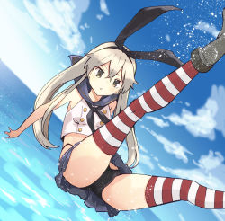 Rule 34 | 10s, 1girl, bare shoulders, black panties, blue skirt, blue sky, boots, bow, brown eyes, cloud, day, hair bow, hairband, highleg, highleg panties, kantai collection, legs up, long hair, looking at viewer, makusu, neckerchief, no gloves, ocean, panties, pleated skirt, sailor collar, shimakaze (kancolle), skirt, sky, solo, striped clothes, striped thighhighs, thighhighs, triangle mouth, underwear