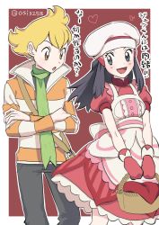 Rule 34 | 1boy, 1girl, :d, :o, barry (pokemon), basket, blonde hair, border, brown eyes, commentary request, creatures (company), crossed arms, dawn (palentine&#039;s 2021) (pokemon), dawn (pokemon), dress, game freak, green scarf, grey eyes, grey pants, heart, highres, holding, holding basket, mittens, nintendo, official alternate costume, open mouth, outline, outside border, oven mitts, pants, pokemon, pokemon dppt, pokemon masters ex, pokemon platinum, red mittens, scarf, short sleeves, smile, tongue, translation request, ushiomi, white border