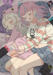 Rule 34 | 2girls, ahoge, blue hair, blue shorts, breasts, cellphone, closed eyes, commentary request, drooling, hat, highres, hololive, hug, hug from behind, implied yuri, jacket, long hair, long sleeves, lying, medium breasts, minato aqua, mouth drool, multicolored hair, multiple girls, murasaki shion, nightcap, nintendo switch, on bed, on side, open clothes, open jacket, open mouth, pajamas, parted lips, phone, pink hair, pink shirt, pink shorts, print shorts, shiokko (murasaki shion), shirt, short shorts, shorts, silver hair, sleeping, smartphone, star (symbol), star print, streaked hair, striped clothes, striped jacket, twitter username, vinhnyu, virtual youtuber, white shirt