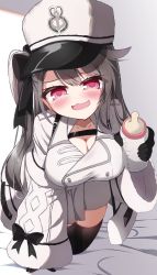 Rule 34 | 1girl, :3, :d, azur lane, belt, black bow, black gloves, black thighhighs, blush, bottle, bow, breast strap, breasts, cleavage, cleavage cutout, clothing cutout, collarbone, come hither, commentary, curvy, gloves, grey hair, hair between eyes, hat, highres, holding, impossible clothes, kneeling, large breasts, long hair, long sleeves, looking at viewer, mikage (shibi), milk bottle, open mouth, pamiat merkuria (azur lane), red eyes, shadow, shortstack, simple background, smile, solo, thick eyelashes, thighhighs, wide sleeves