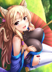 Rule 34 | 1girl, :d, animal ears, blonde hair, bodysuit, breasts squeezed together, breasts, covered erect nipples, fang, fox ears, highres, impossible bodysuit, impossible clothes, japanese clothes, kimono, large breasts, long hair, looking at viewer, lying, oil-paper umbrella, on back, open mouth, original, pink eyes, ribbon-trimmed legwear, ribbon trim, sandals, short kimono, smile, solo, thighhighs, umbrella, uni8, very long hair, white thighhighs
