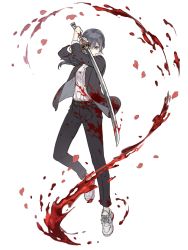 Rule 34 | 1girl, asymmetrical bangs, black jacket, black pants, blood, blood on clothes, full body, grey eyes, grey hair, highres, jacket, ji no, katana, looking at viewer, official art, pants, reality arc (sinoalice), shirt, shoes, simple background, sinoalice, sneakers, snow white (sinoalice), solo, square enix, sword, weapon, white background, white shirt