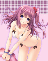 Rule 34 | 1girl, bent over, bikini, black bow, blue eyes, blush, bow, breasts, brown hair, cleavage, collarbone, covered erect nipples, floating hair, hair between eyes, hair ornament, high ponytail, holding, innertube, jewelry, kimizuka aoi, long hair, looking at viewer, medium breasts, navel, necklace, original, parted lips, side ponytail, solo, standing, swim ring, swimsuit, very long hair, white bikini, wristband