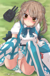 Rule 34 | 1girl, absurdres, alternate costume, asano tsubame, asymmetrical legwear, blue bow, blush, bow, bowtie, brown hair, censored, clothing aside, commentary request, compass, cum, cum in pussy, cumdrip, double bun, enemy lifebuoy (kancolle), frilled skirt, frills, gloves, grass, hair bun, highres, kantai collection, michishio (kancolle), mismatched legwear, panties, panties aside, plaid, plaid panties, puffy short sleeves, puffy sleeves, short sleeves, short twintails, skirt, solo, thighhighs, turret, twintails, underwear, white gloves, yellow eyes