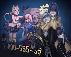 Rule 34 | 2boys, 2girls, animal ears, animal hands, bikini, black gloves, blonde hair, card, cat boy, cat ears, cat paws, cat tail, choke hold, coat, crossdressing, dress, ear piercing, glasses, gloves, grey hair, highres, holding, holding card, hololive, hololive english, holostars, holostars english, jacket, long hair, magni dezmond, mori calliope, multicolored hair, multiple boys, multiple girls, noir vesper, noir vesper (old design), ouro kronii, ouro kronii (casual), pants, phone number, piercing, pink eyes, pink hair, playing card, print hair, shaded face, skirt, strangling, streaked hair, swimsuit, tail, tiara, trap, trench coat, uno (game), vest, virtual youtuber, yellow eyes, zedd (zedgawr)