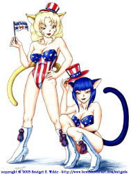 Rule 34 | 00s, 2003, 2girls, american flag, american flag leotard, animal ears, bewildered, blonde hair, blue eyes, blue hair, boots, breasts, cat ears, cat girl, cat tail, cleavage, collarbone, flag, hand on own hip, hat, high heels, holding, large breasts, leotard, long hair, looking at viewer, multiple girls, print leotard, red lips, short hair, simple background, star (symbol), star print, striped clothes, striped leotard, tail, top hat, united states, white background, white footwear