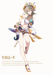 Rule 34 | 1girl, bare shoulders, bikini, bikini top only, blue shorts, breasts, brown hair, character name, cleavage, closed mouth, full body, gloves, grey eyes, hat, honkai (series), honkai impact 3rd, large breasts, long hair, looking at viewer, medium breasts, nail polish, orange nails, pirate hat, sandals, shorts, simple background, single glove, smile, solo, swimsuit, toes, vill-v, white background, white gloves, yuking-