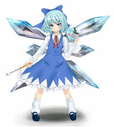 Rule 34 | 1girl, :3, blue eyes, blue hair, bow, calculator, cali, cirno, hair bow, looking at viewer, loose socks, mary janes, matching hair/eyes, ribbon, shoes, short hair, socks, solo, embodiment of scarlet devil, touhou, wings