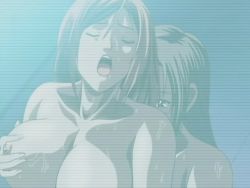 Rule 34 | 00s, 2girls, animated, animated gif, brown hair, closed eyes, discipline: the record of a crusade, glasses, groping, kaneda maiko, moaning, multiple girls, nipples, red hair, screen, short hair, sweat, yuri