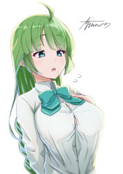 Rule 34 | 1girl, ahoge, ayuman, blue bow, blue bowtie, blue eyes, bow, bowtie, braid, breasts, commentary request, green hair, hand on own chest, highres, kantai collection, large breasts, long hair, mole, mole under mouth, school uniform, shirt, single braid, solo, upper body, very long hair, white shirt, yuugumo (kancolle), yuugumo kai ni (kancolle)