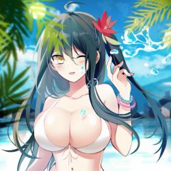 Rule 34 | 1girl, ;d, ahoge, alternate hair color, bare arms, bikini, blurry, blurry foreground, blush, bracelet, breasts, cleavage, collarbone, commentary request, danganronpa (series), danganronpa v3: killing harmony, day, depth of field, flower, flower request, front-tie bikini top, front-tie top, genderswap, genderswap (mtf), green hair, hair between eyes, hair flower, hair ornament, jewelry, large breasts, long hair, looking at viewer, navel, one eye closed, one side up, open mouth, outdoors, qiao xing, red flower, saihara shuichi, smile, solo, sun, swimsuit, upper body, white bikini, yellow eyes