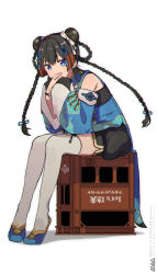Rule 34 | 1girl, black hair, blue dress, blue eyes, blue footwear, blue ribbon, blue sleeves, bow, braid, chinese clothes, cloud print, covering own mouth, crate, detached sleeves, double bun, dress, floral print, full body, hair bun, hair ribbon, hand over own mouth, highres, long hair, looking at viewer, mogayama, multicolored hair, nijisanji, official alternate costume, red hair, ribbon, shoes, sitting, solo, thighhighs, tsukino mito, tsukino mito (china dress), twin braids, very long hair, virtual youtuber, white bow, white thighhighs, wide sleeves