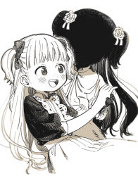 Rule 34 | 2girls, :d, apron, black skin, blush, bow, colored skin, commentary request, couple, cowboy shot, crosshatching, dot nose, emilico (shadows house), eyebrows hidden by hair, flower, greyscale, hair bow, hair flower, hair ornament, hand up, hantsuki (ichigonichiya), happy, hatching (texture), high collar, highres, holding hands, kate (shadows house), linear hatching, long hair, looking at another, looking to the side, maid apron, mixed media, monochrome, multiple girls, open mouth, puffy short sleeves, puffy sleeves, round teeth, shadow (shadows house), shadows house, short sleeves, silhouette, simple background, sleeves past elbows, smile, tareme, teeth, tongue, traditional media, two side up, upper teeth only, white background, yuri