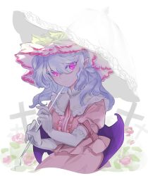 Rule 34 | 1girl, alternate hair length, alternate hairstyle, bat wings, black wings, chamaruk, closed mouth, cross, elbow gloves, flower, gloves, highres, holding, holding umbrella, long hair, pink eyes, pink flower, pink shirt, pink skirt, pointy ears, purple hair, remilia scarlet, shirt, short sleeves, skirt, solo, touhou, umbrella, upper body, white background, white gloves, wings