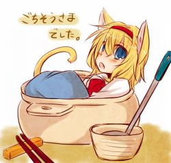 Rule 34 | 1girl, alice margatroid, animal ears, blonde hair, blue dress, blue eyes, blush, bowl, capelet, cat ears, cat girl, cat tail, chopsticks, dress, fang, female focus, hairband, in bowl, in container, kemonomimi mode, mini person, minigirl, neko nabe, open mouth, short hair, solo, tail, touhou, translated, yuuta (monochrome)
