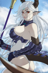 Rule 34 | 1girl, armor, artist name, ass, bare shoulders, breasts, commentary, day, dragon horns, dragon tail, epic seven, from side, gauntlets, holding, horns, long hair, looking at viewer, luna (epic seven), outdoors, pointy ears, red eyes, sciamano240, sideboob, solo, tail, white hair