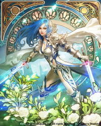 Rule 34 | 1girl, armor, blue hair, cape, copyright name, derigal, dragon&#039;s shadow, dual wielding, earrings, eudia (serenity2200), fantasy, flower, gauntlets, greaves, hair flower, hair ornament, holding, jewelry, looking at viewer, official art, pendant, solo, standing, sword, watermark, weapon, white cape