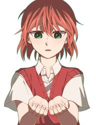 Rule 34 | 1girl, absurdres, collared shirt, cupping hands, delfuze, green eyes, hatori chise, highres, looking down, mahou tsukai no yome, medium hair, orange hair, own hands together, parted lips, red vest, school uniform, shirt, short sleeves, simple background, solo, vest, white background, white shirt, wing collar