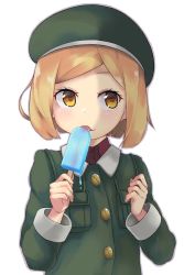 Rule 34 | 1girl, beret, blonde hair, blush, child, coat, dark fuu, fate/grand order, fate (series), food, gloves, green coat, hat, highres, licking, paul bunyan (fate), popsicle, short hair, smile, solo, tongue, tongue out, upper body, yellow eyes