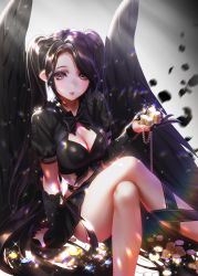 Rule 34 | 1girl, :o, ass, player character (mabinogi), bad id, bad pixiv id, black bow, black hair, black jacket, black skirt, black wings, blush, bow, breasts, bustier, cleavage, coin, cropped jacket, crossed legs, detached sleeves, feathered wings, front-tie top, gem, hair over one eye, jacket, large breasts, long hair, looking at viewer, mabinogi, miniskirt, pleated skirt, pointy ears, puffy short sleeves, puffy sleeves, short sleeves, sitting, skirt, solo, sparkle, twintails, very long hair, wings, yellow eyes, zenke