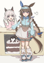 Rule 34 | 2girls, :d, admire vega (umamusume), animal ears, apron, blue bow, blue jacket, blush, bow, braid, brown hair, cabinet, cake, commentary request, curren chan (umamusume), d:, ear covers, food, grey hair, grey socks, hair bow, hands on own chin, head rest, highres, holding, holding menu, horse ears, horse girl, horse tail, jacket, jersey maid, leaning on object, long hair, long sleeves, looking at viewer, maid, maid apron, maid headdress, medium hair, menu, multiple girls, open mouth, pink jacket, puff of air, purple eyes, ra mun5239, red bow, roller skates, simple background, single ear cover, skates, smile, socks, sweatdrop, tail, twin braids, umamusume, unconventional maid, white background