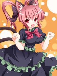 Rule 34 | 1girl, alternate hairstyle, animal ears, bad id, bad pixiv id, bow, breasts, cat ears, cat girl, cat tail, dress, fang, female focus, hair bow, highres, kaenbyou rin, kuromari (runia), multiple tails, open mouth, pink eyes, pink hair, red eyes, solo, tail, touhou, twintails