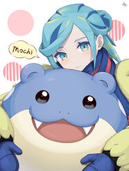 Rule 34 | 1boy, blue mittens, blue scarf, blush, closed mouth, commentary request, creatures (company), eyelashes, game freak, gen 3 pokemon, green eyes, green hair, grusha (pokemon), highres, holding, holding pokemon, jacket, long sleeves, looking at viewer, male focus, min (myna8247), mittens, nintendo, pokemon, pokemon (creature), pokemon sv, scarf, speech bubble, spheal, striped clothes, striped scarf, white background, yellow jacket