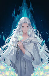 Rule 34 | 1girl, arm at side, blue background, blue eyes, blue flower, braid, capelet, collarbone, commentary, crystal, field, final fantasy, final fantasy xiv, floating, floating hair, floating object, flower, flower field, glowing flower, grey capelet, grey hair, grey robe, half updo, hand up, highres, holding, holding flower, hood, hood down, hooded capelet, long hair, long sleeves, looking down, mask, mask around neck, unworn mask, mt (ringofive), robe, shards, single braid, smile, solo, standing, tassel, upper body, venat (ff14), wavy hair