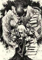 Rule 34 | 1girl, carrying, deemo, deemo (character), dress, girl (deemo), height difference, highres, instrument, long hair, looking at viewer, piano, sheet music, size difference, sonnyaws, tree, watermark, wings