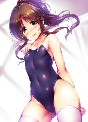 Rule 34 | 1girl, blue one-piece swimsuit, blush, breasts, brown hair, competition school swimsuit, covered navel, cowboy shot, highres, idolmaster, idolmaster cinderella girls, looking at viewer, ment, one-piece swimsuit, open mouth, ponytail, school swimsuit, small breasts, swimsuit, takamori aiko, thighhighs, white thighhighs